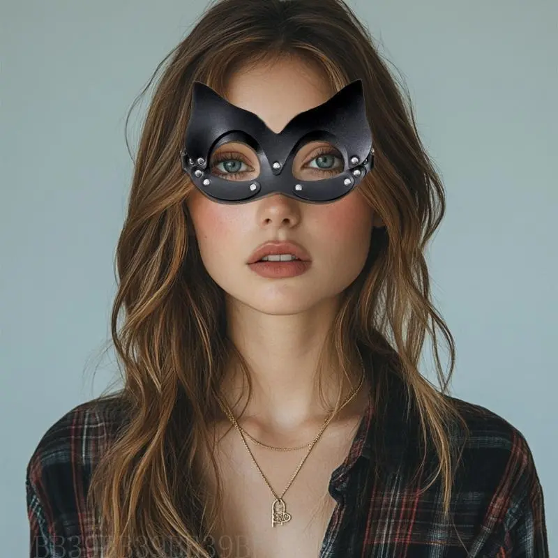 39BB Punk Leather Choker Catgirl Eye Mask Rivets Choker for Women Masquerade Cosplay