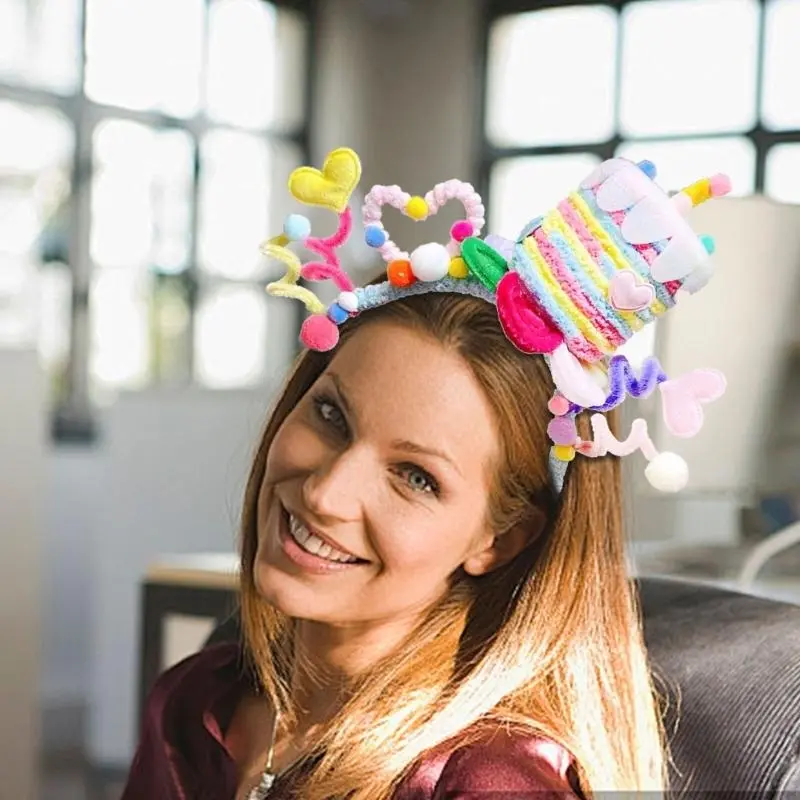 652F Colorful Twisted Birthday Cake Headband with Star Headpieces Soft Fabric Hair Accessory for Parties