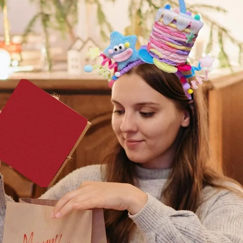 652F Colorful Twisted Birthday Cake Headband with Star Headpieces Soft Fabric Hair Accessory for Parties
