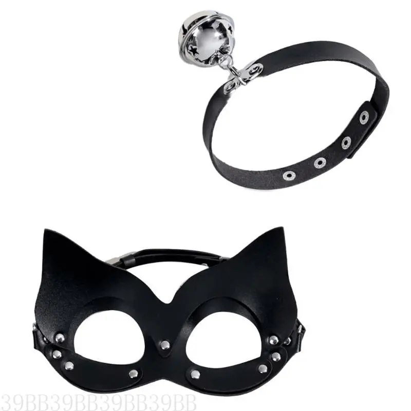 39BB Punk Leather Choker Catgirl Eye Mask Rivets Choker for Women Masquerade Cosplay