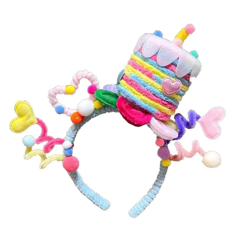 652F Colorful Twisted Birthday Cake Headband with Star Headpieces Soft Fabric Hair Accessory for Parties