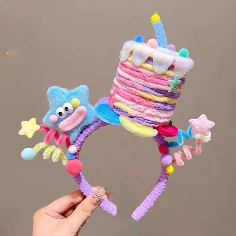 652F Colorful Twisted Birthday Cake Headband with Star Headpieces Soft Fabric Hair Accessory for Parties