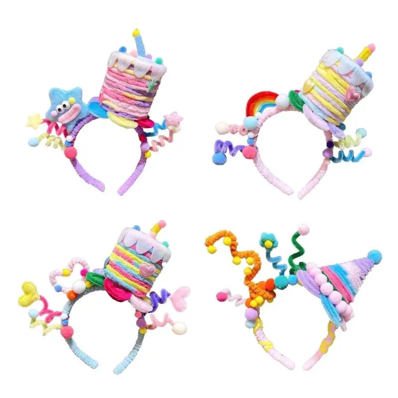 652F Colorful Twisted Birthday Cake Headband with Star Headpieces Soft Fabric Hair Accessory for Parties