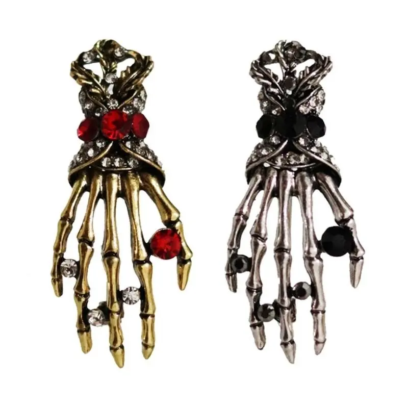 652F Punk Rhinestones Skull Hand Brooch Pin Crystal Metal Lapel Pin Halloween Costume Badge Jewelry Accessories for Women Men