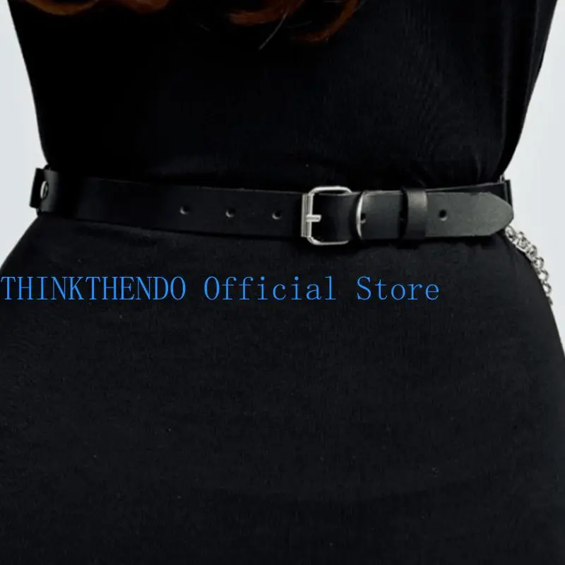 39BB Women Punk Fashion Accessory Multi Chain Belt Adjustable Gothic Waistband Faux Leather Waist Sash Streetwear Design