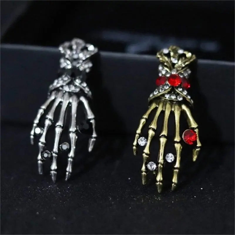 652F Punk Rhinestones Skull Hand Brooch Pin Crystal Metal Lapel Pin Halloween Costume Badge Jewelry Accessories for Women Men