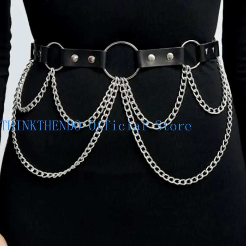 39BB Women Punk Fashion Accessory Multi Chain Belt Adjustable Gothic Waistband Faux Leather Waist Sash Streetwear Design