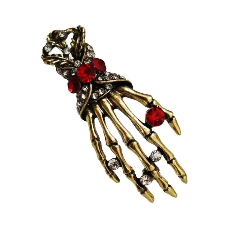 652F Punk Rhinestones Skull Hand Brooch Pin Crystal Metal Lapel Pin Halloween Costume Badge Jewelry Accessories for Women Men
