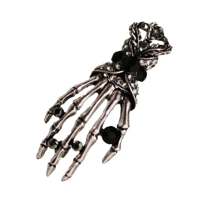 652F Punk Rhinestones Skull Hand Brooch Pin Crystal Metal Lapel Pin Halloween Costume Badge Jewelry Accessories for Women Men