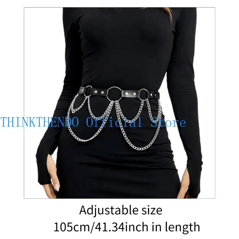 39BB Women Punk Fashion Accessory Multi Chain Belt Adjustable Gothic Waistband Faux Leather Waist Sash Streetwear Design