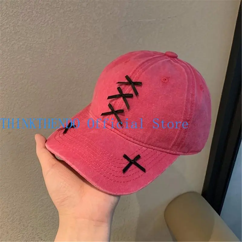 39BB Distress Baseball Hat Long Brims Adjust Sunproof Hat Girl Fashion Hair Decors