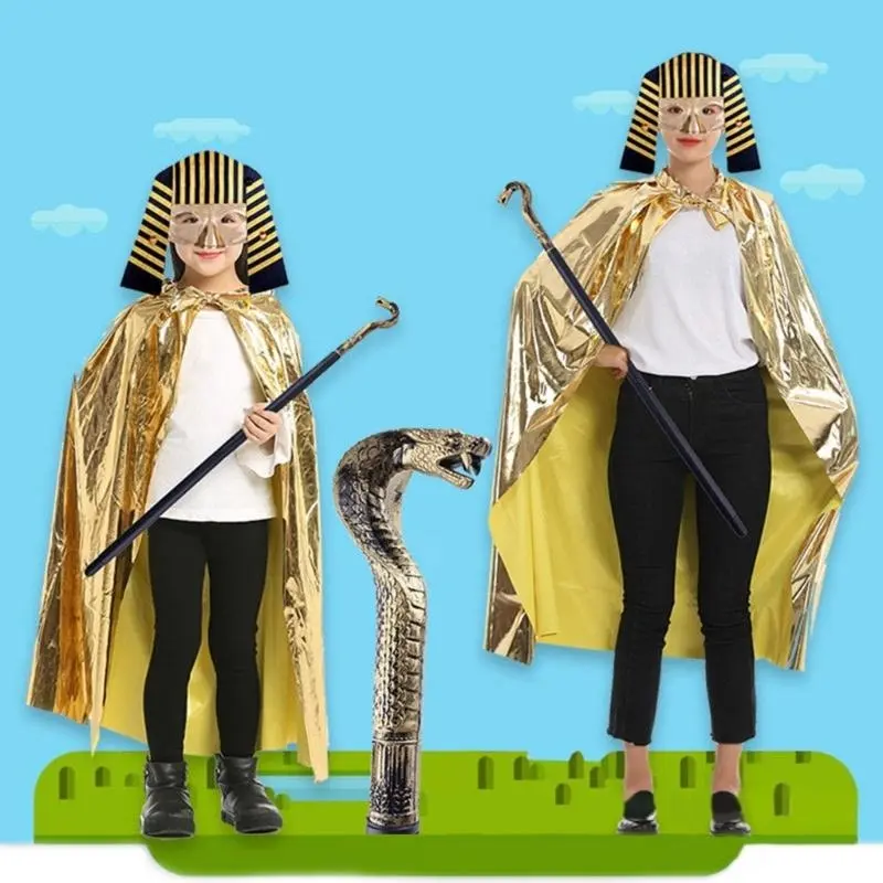 652F Egyptian Costume Accessories Golden Cape Cloak Egyptian Mask Venetians Mask Halloween Cosplay Costume for Kids Adults