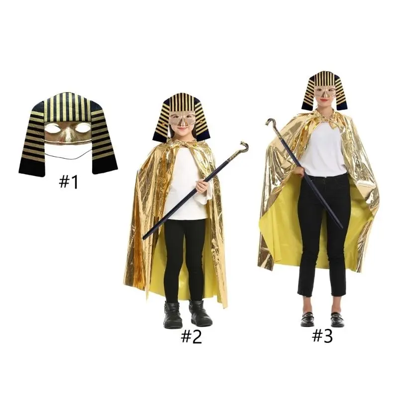 652F Egyptian Costume Accessories Golden Cape Cloak Egyptian Mask Venetians Mask Halloween Cosplay Costume for Kids Adults