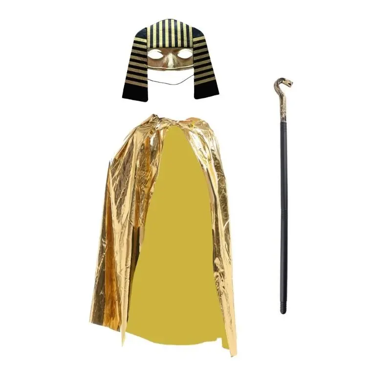 652F Egyptian Costume Accessories Golden Cape Cloak Egyptian Mask Venetians Mask Halloween Cosplay Costume for Kids Adults