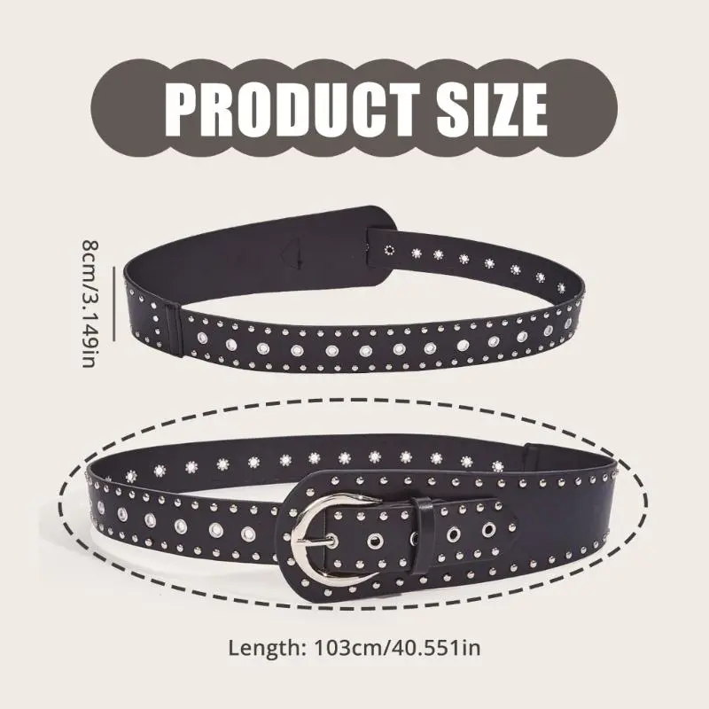 652F Unique Punk Rock PU Leather Belt Decorative Waist Band Sash with Rivets Detail For Music Festivals And Parties