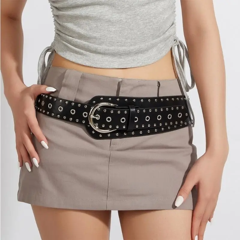 652F Unique Punk Rock PU Leather Belt Decorative Waist Band Sash with Rivets Detail For Music Festivals And Parties