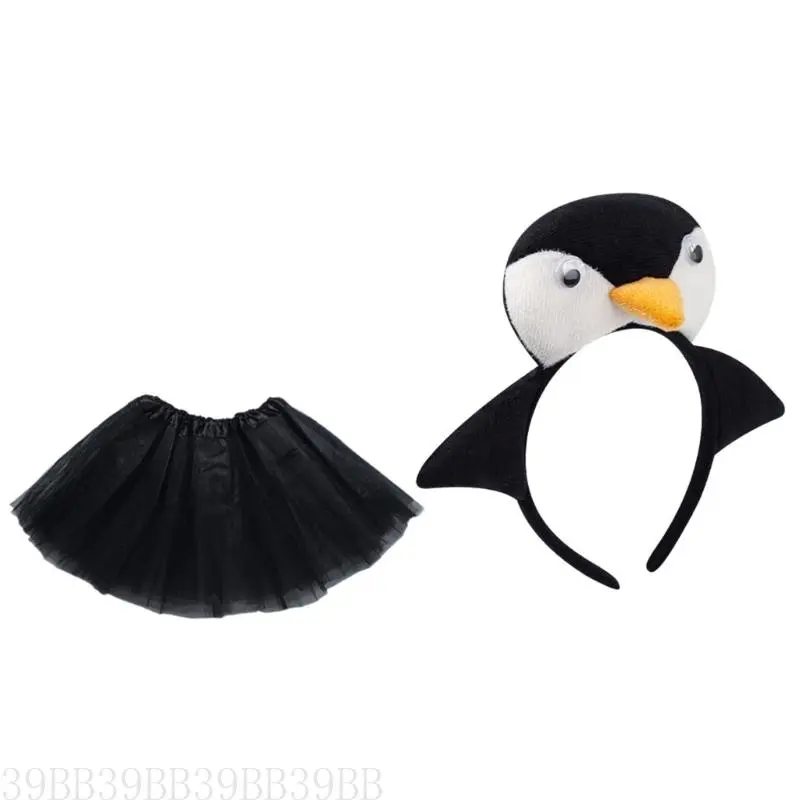 652F 2Pcs Penguins Costume 3D Penguins Headband Tutu Skirt for Halloween Christmas Cosplay Costume Kids Girls