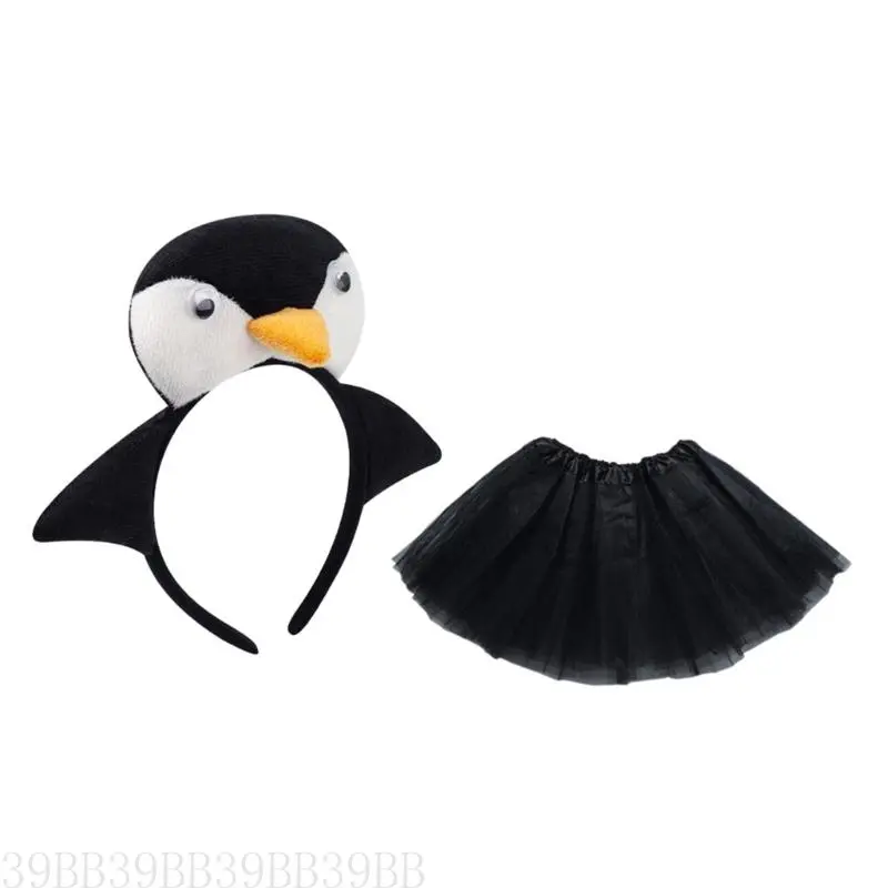 652F 2Pcs Penguins Costume 3D Penguins Headband Tutu Skirt for Halloween Christmas Cosplay Costume Kids Girls