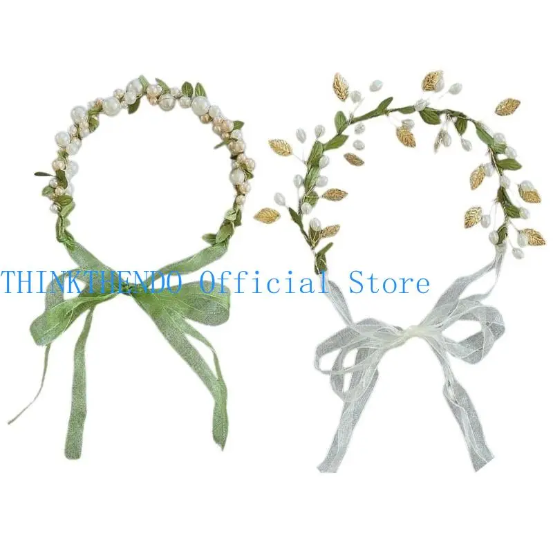 652F Delicate Pearl/ Leaf Hair Hoop Flower Girl Spring Headband Wedding Parties Kids Pearl/Leaf Photography Headband
