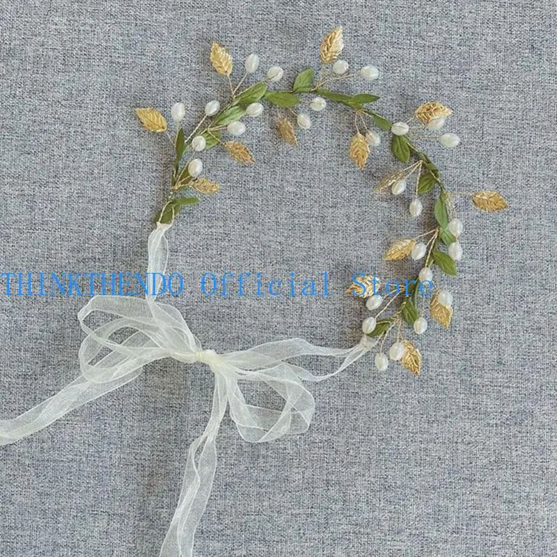 652F Delicate Pearl/ Leaf Hair Hoop Flower Girl Spring Headband Wedding Parties Kids Pearl/Leaf Photography Headband