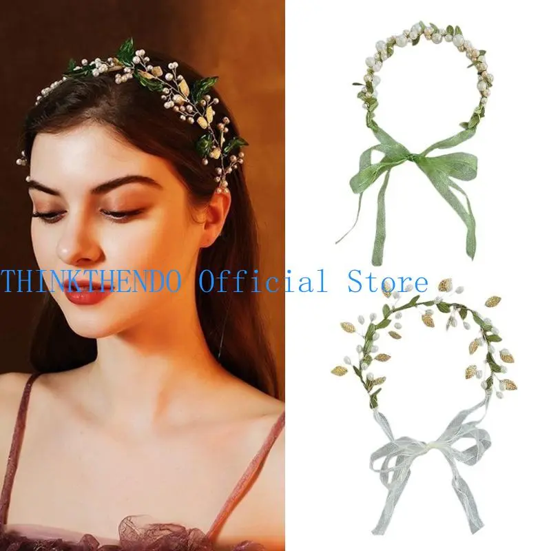652F Delicate Pearl/ Leaf Hair Hoop Flower Girl Spring Headband Wedding Parties Kids Pearl/Leaf Photography Headband