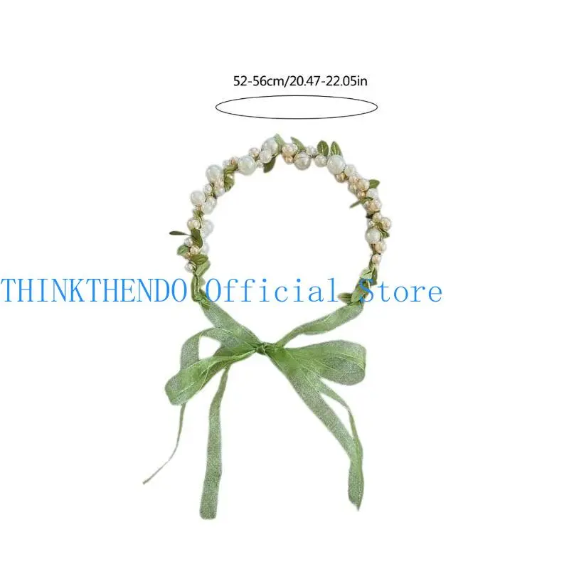 652F Delicate Pearl/ Leaf Hair Hoop Flower Girl Spring Headband Wedding Parties Kids Pearl/Leaf Photography Headband