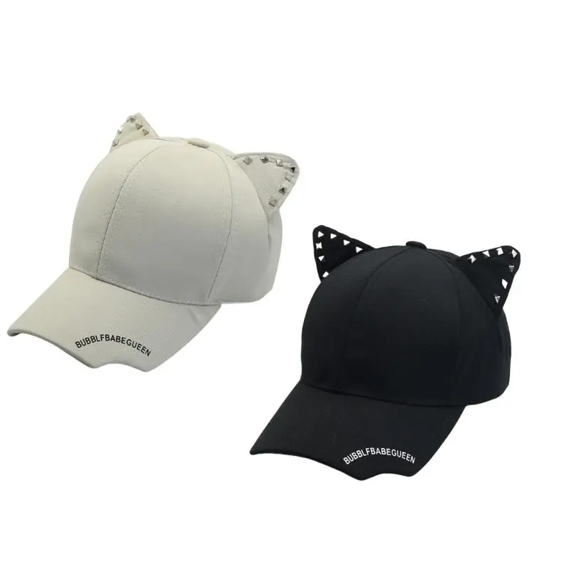652F Cats Ear Baseball Hat for Women and Girl Korean Skull Hat Outdoor Photo Caps Popular Shopping Streetwear Sun Hat