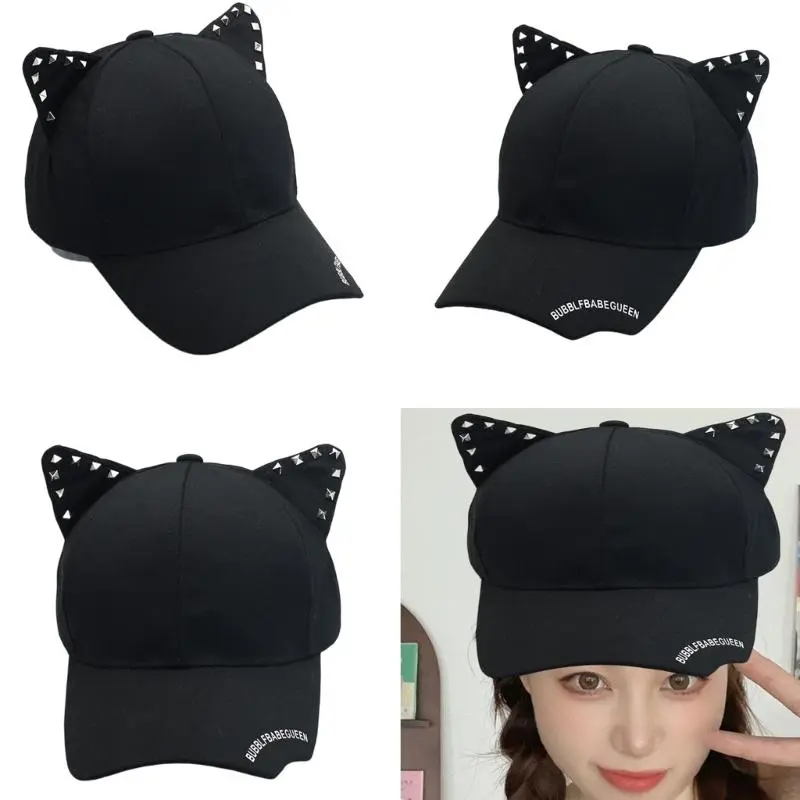 652F Cats Ear Baseball Hat for Women and Girl Korean Skull Hat Outdoor Photo Caps Popular Shopping Streetwear Sun Hat