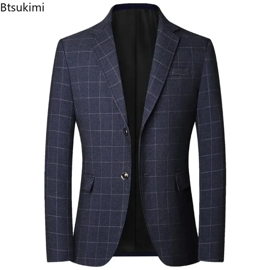 2025 Men's Formal Business Office Blazer Jacket Suits Plaid Middle Age Gentlemen's Wedding Evening Party Blazer Luxo Masculino