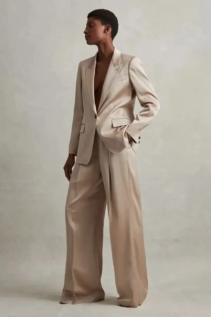 Slik Satin Women Suits Set 2 Pieces Blazer Jacket One Button Leisure Style Oversize Wide Leg Pantsuits Customize