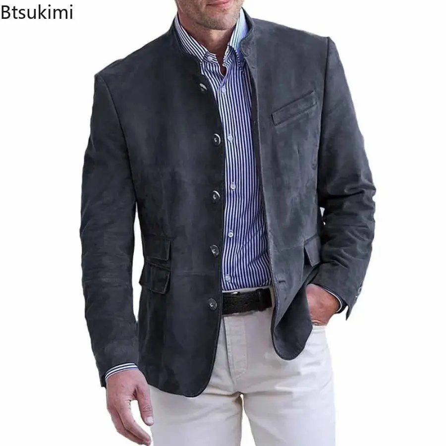 New Men's Business Casual Suit Jacket Autumn Winter Fashion Commuter Daily Basic Blazer Solid Stand Collar Jacket Men's Clothing