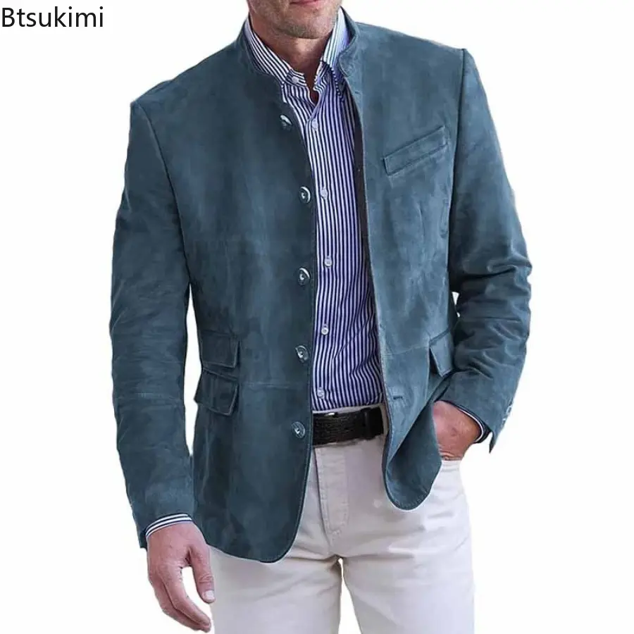 New Men's Business Casual Suit Jacket Autumn Winter Fashion Commuter Daily Basic Blazer Solid Stand Collar Jacket Men's Clothing