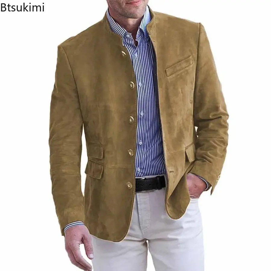 New Men's Business Casual Suit Jacket Autumn Winter Fashion Commuter Daily Basic Blazer Solid Stand Collar Jacket Men's Clothing