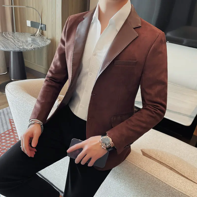 Mens High-Quality Fashion Collar Splicing Leather Single-Breasted Jacket Solid Color Two Grain Design Business Casual Suit M-4XL