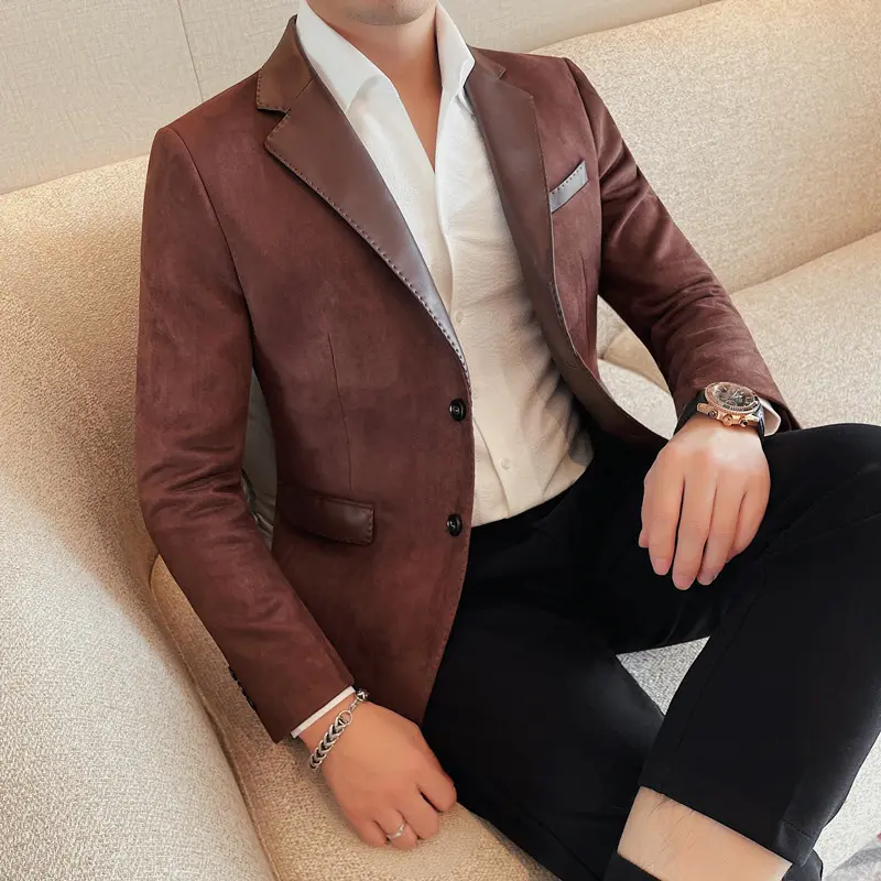 Mens High-Quality Fashion Collar Splicing Leather Single-Breasted Jacket Solid Color Two Grain Design Business Casual Suit M-4XL