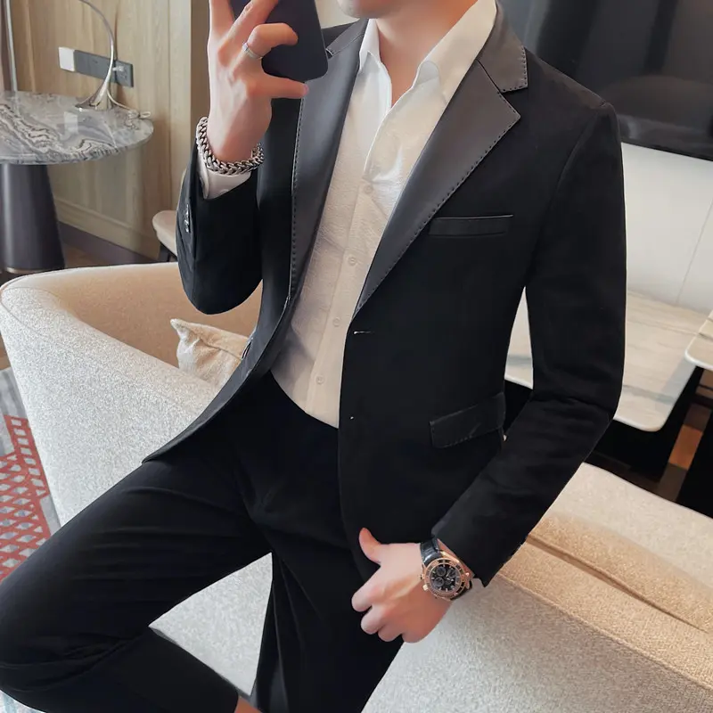 Mens High-Quality Fashion Collar Splicing Leather Single-Breasted Jacket Solid Color Two Grain Design Business Casual Suit M-4XL
