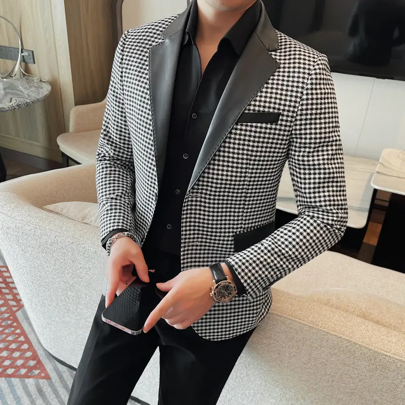 Mens High-Quality Fashion Collar Splicing Leather Single-Breasted Jacket Solid Color Two Grain Design Business Casual Suit M-4XL
