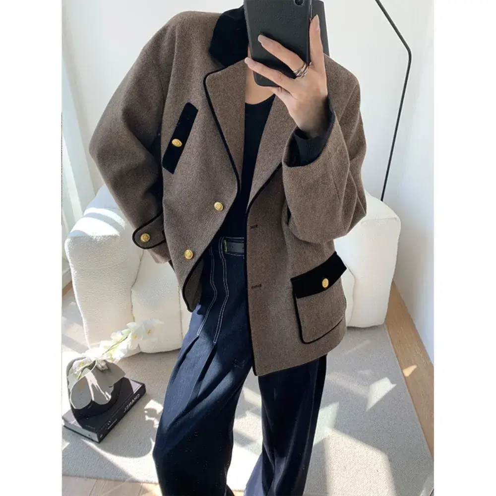 TWOTWINSTYLE Colorblock Spliced Button Loose Blazers for Women Lapel Long Sleeve Temperament Minimalist Coats Female Fashion