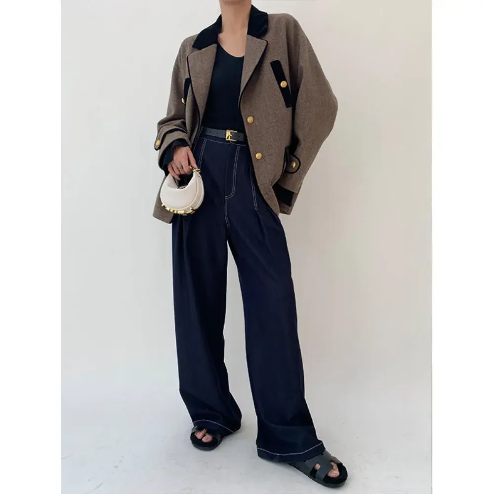 TWOTWINSTYLE Colorblock Spliced Button Loose Blazers for Women Lapel Long Sleeve Temperament Minimalist Coats Female Fashion