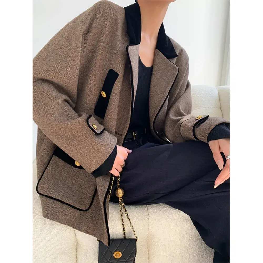 TWOTWINSTYLE Colorblock Spliced Button Loose Blazers for Women Lapel Long Sleeve Temperament Minimalist Coats Female Fashion
