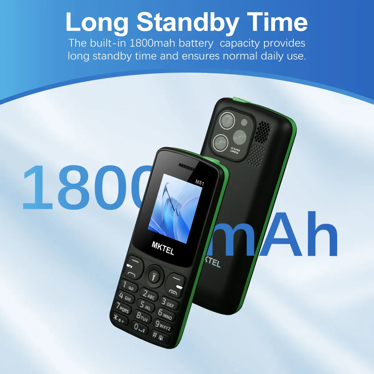 MKTEL M51 Feature Phone 1.77inch Display MTK6261M 1800mAh Battery Dual SIM Dual Standby MP3/MP4/FM/Radio/Bluetooth/GPRS Torch