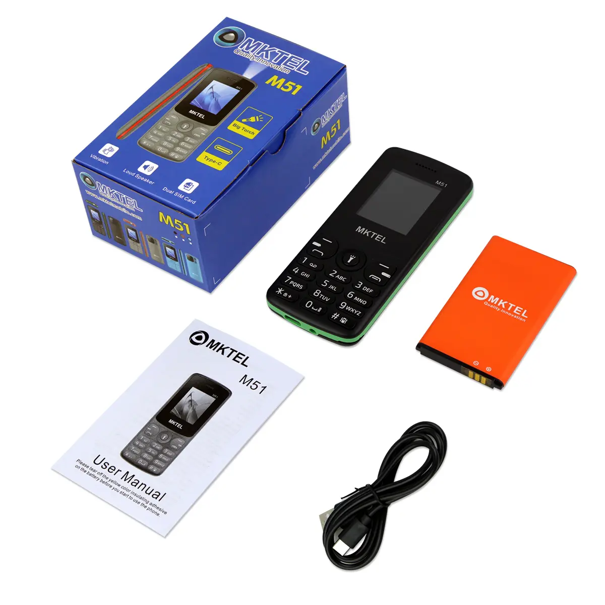MKTEL M51 Feature Phone 1.77inch Display MTK6261M 1800mAh Battery Dual SIM Dual Standby MP3/MP4/FM/Radio/Bluetooth/GPRS Torch