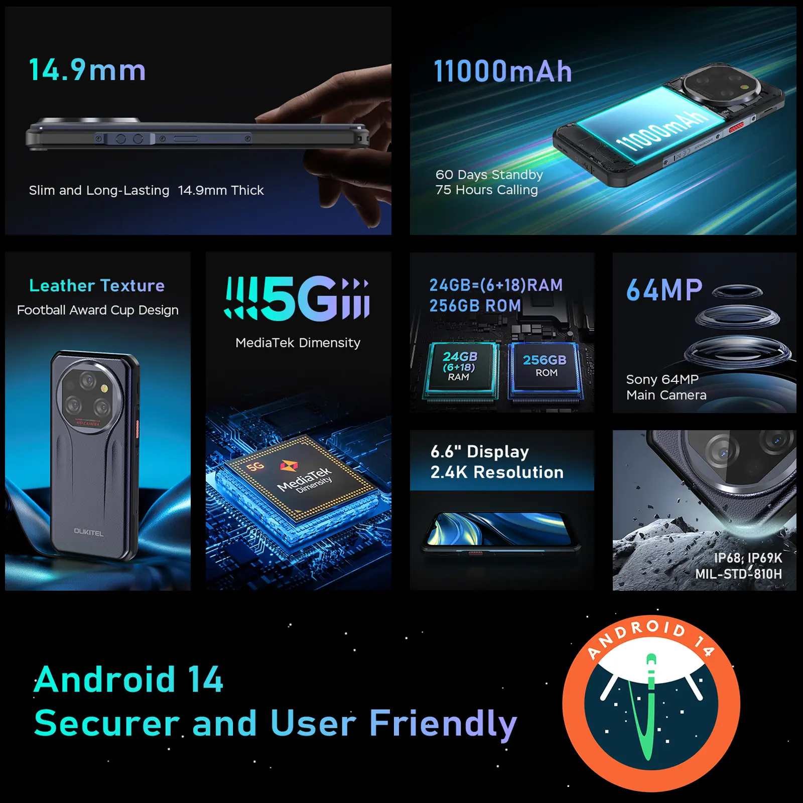 Global Version Oukitel WP39 Rugged 5G Smartphone Octa Core 24GB(6+18)+256GB 6.6Inch Android 14 Mobile Phone 64MP Camera 11000mAh