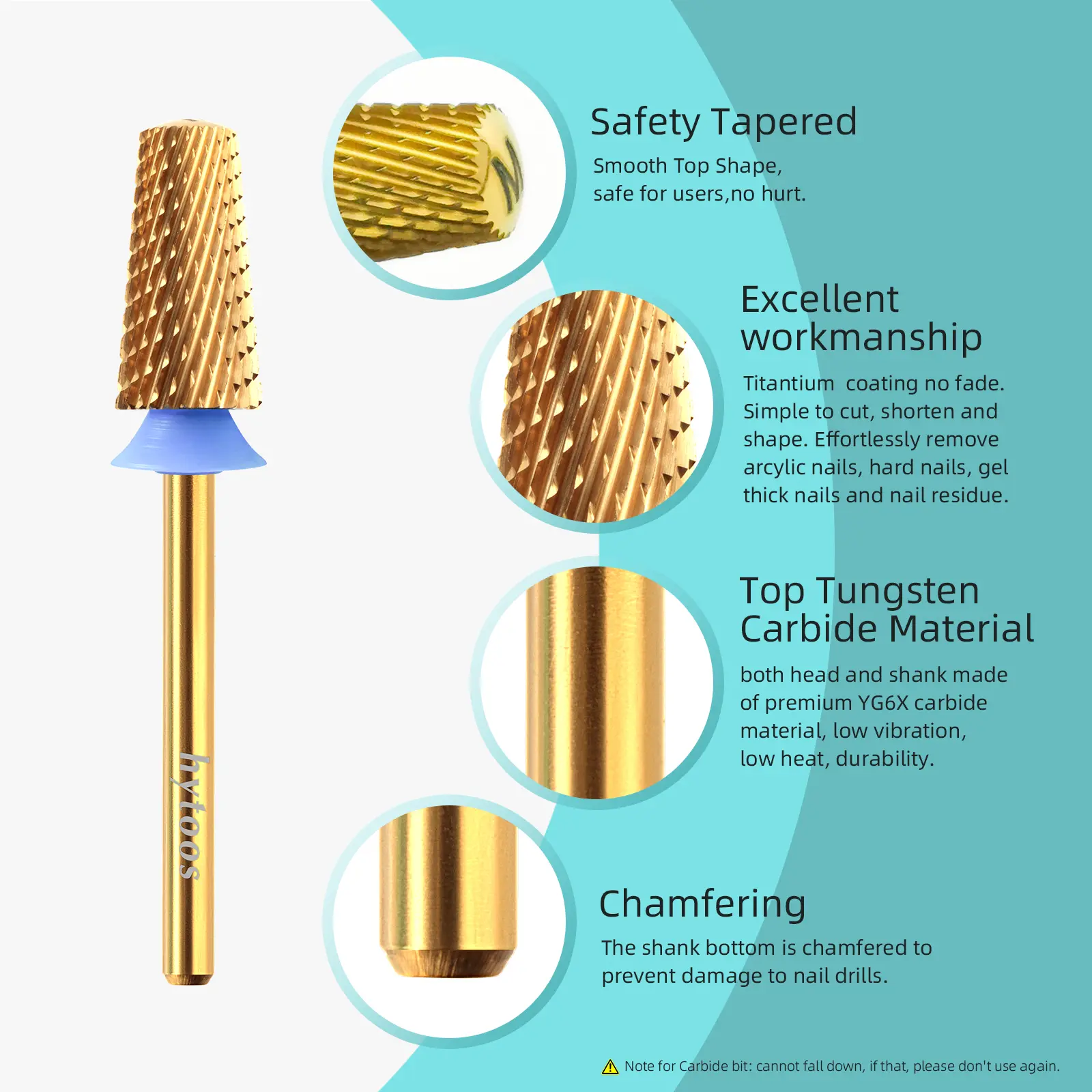 HYTOOS Titanium Safety Nail Drill Bits 3/32 Rounded Top Carbide Tapered Nail Bit Remove Gel Drills Accessories Tool Supplier