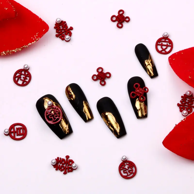 TSZS 10pcs/lot 3D Chinese New Year Tradition Chinese Knot Nail Art Decorations Red Alloy Nail Jewelry Accessories