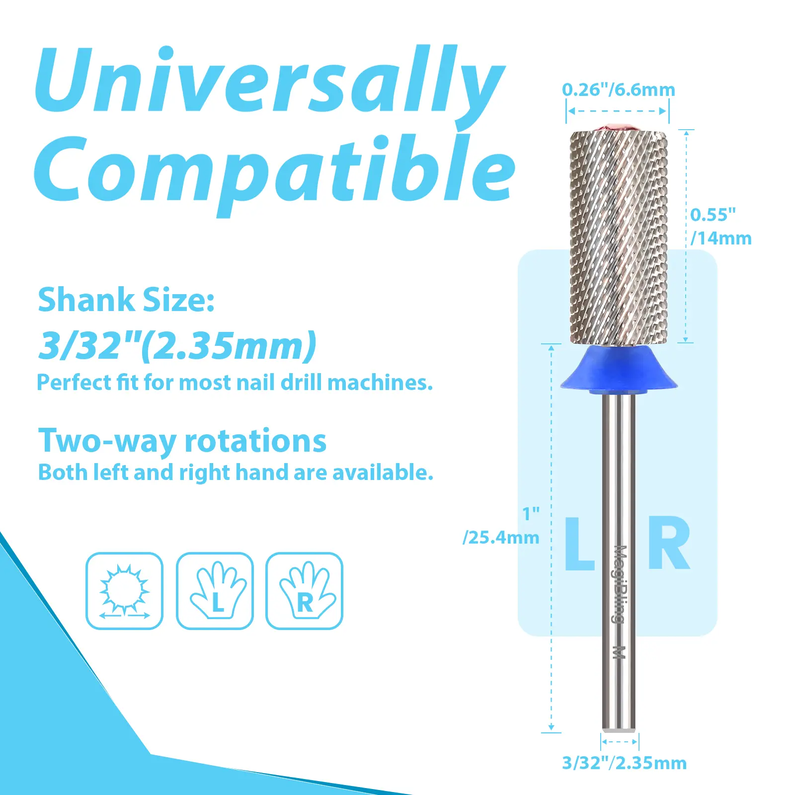 MagiBling Heart Shape Crystal Nail Drill Bits Carbide Large Barrel Cutter Left Right Hand Use Grinding Head Remover for nail Gel