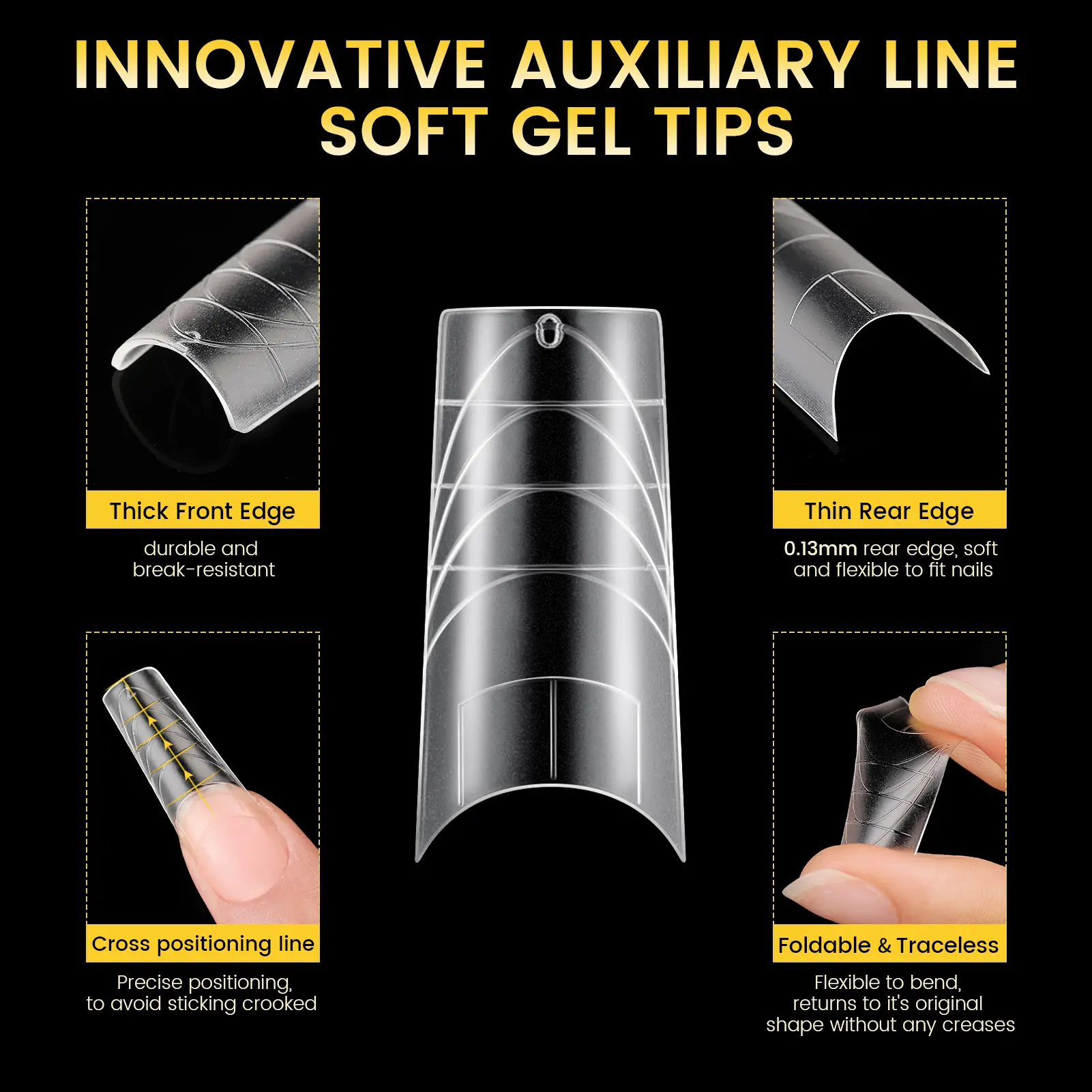 300PCS Auxiliary Lines Straight Soft Gel Nail Tips Half Cover Soak Off Easy Nail Extensions False Nails Artificial Nail Art