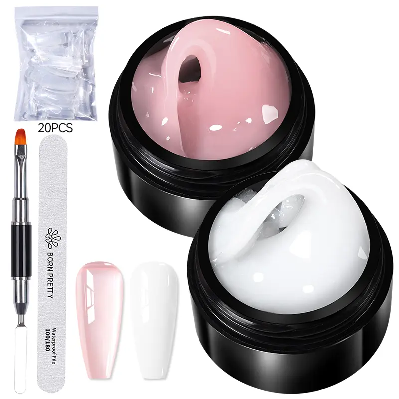 BORN PRETTY Nude Non Stick Hand Extension Nail Polish Set UV Brush False Nail Tips Clear Milky White Building Nail Art Kit 15ml