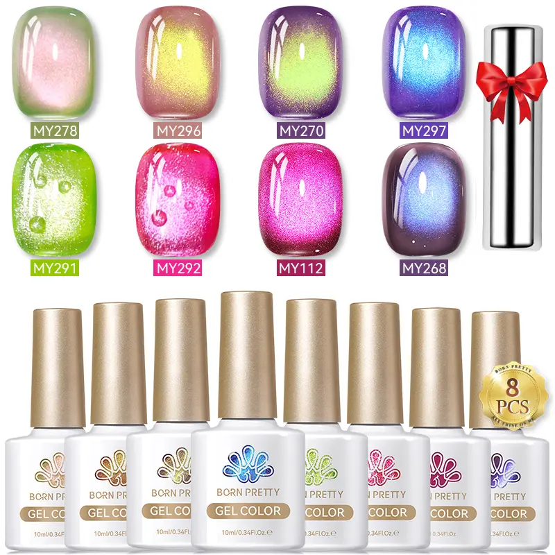 BORN PRETTY 8 Bottles Violet Haze Cat Magnetic Nail Gel Polish Set With Magnet Stick Glass Moonlight Soak Off UV Varnish Maniure