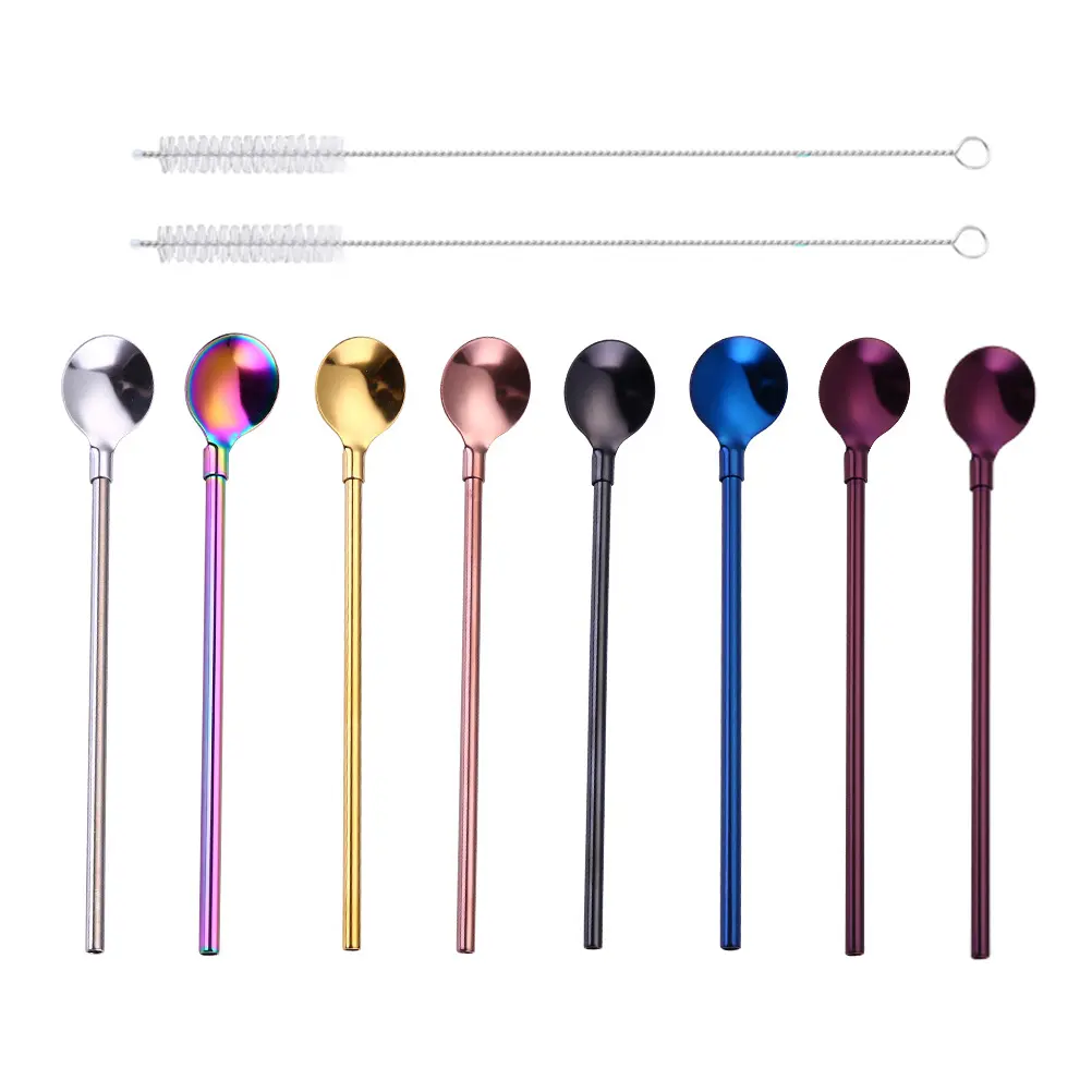 10pcs Stainless Steel Straw Spoon Reusable Metal Drinking Straws Coffee Smoothies Party Picnics Gifts